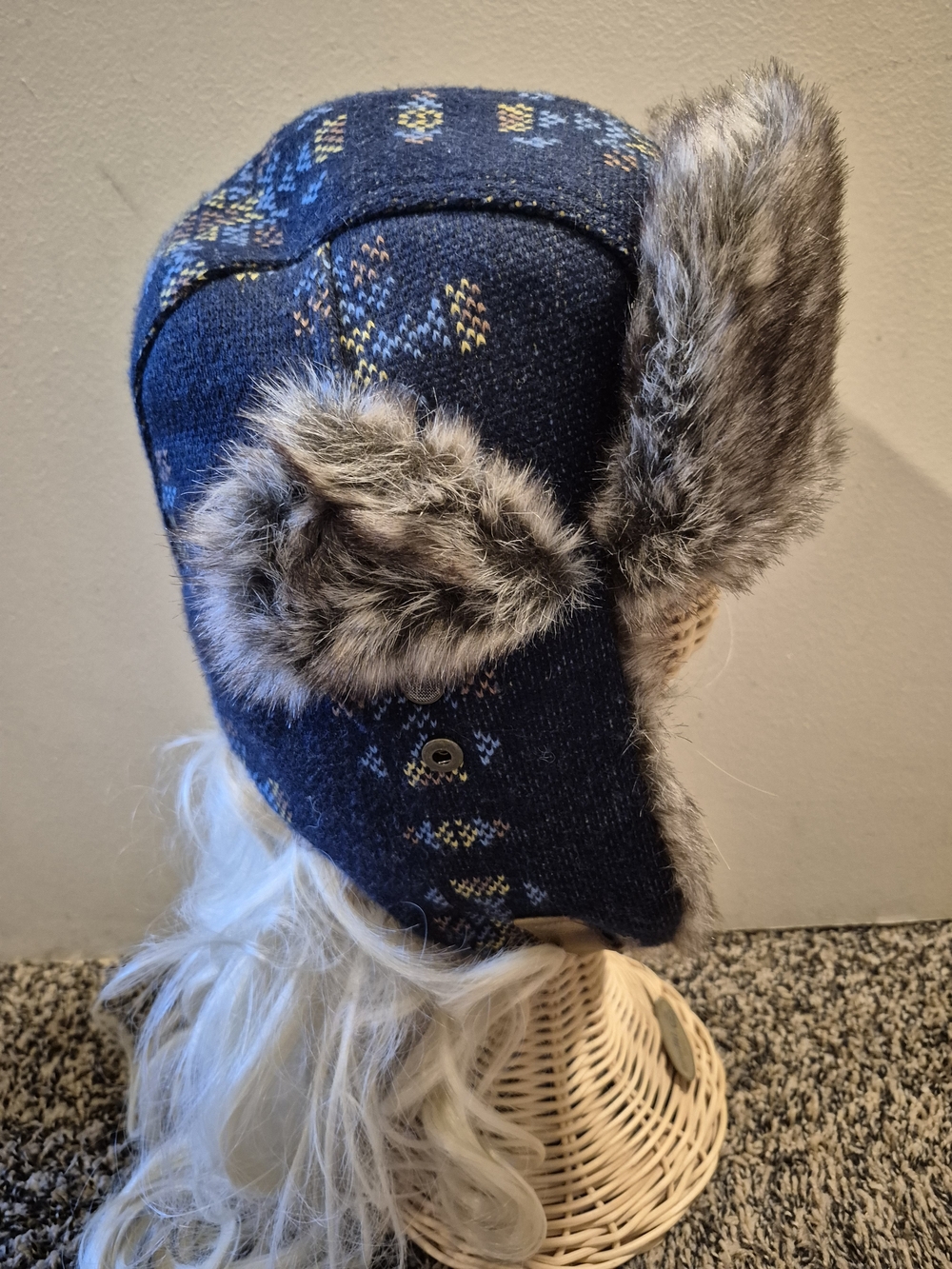 Navy Fair Isle Faux Fur Trapper Hat